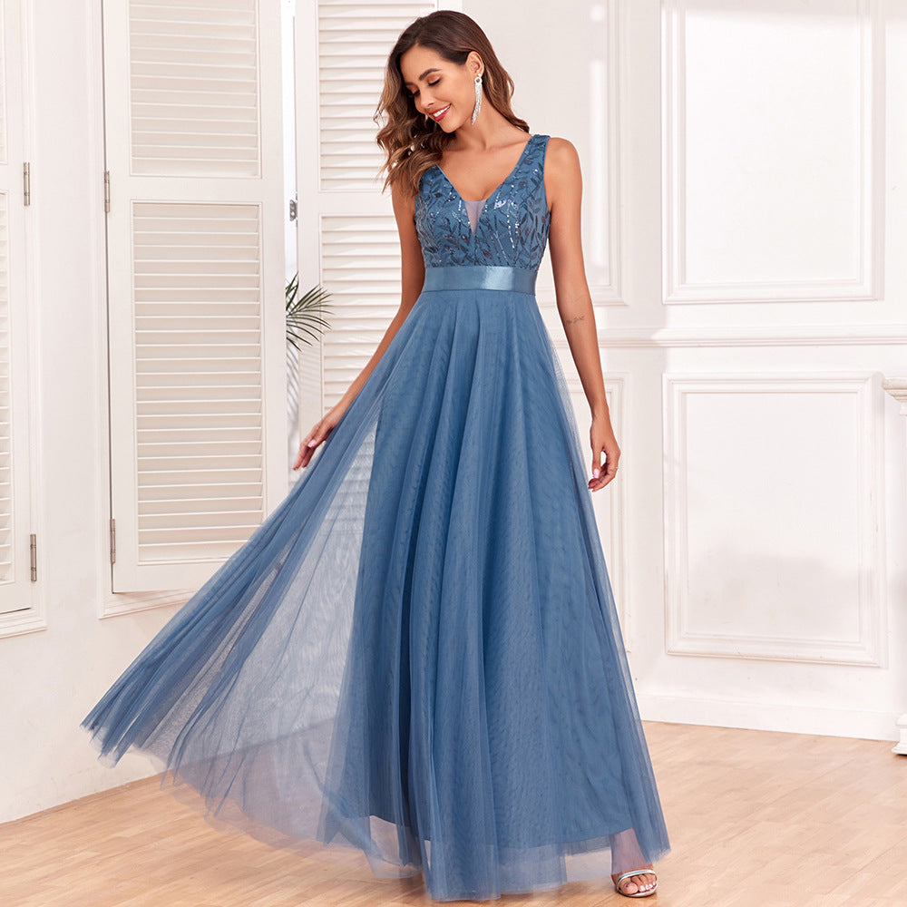 Patchwork Stretch Waist Sleeveless Double V Neck Evening Dress Tulle Embroidery Long Elegant A Big Swing Party Dress