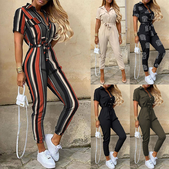 Women Clothing Trousers Casual Collared Button Printed Belt Cargo Overalls Plus size