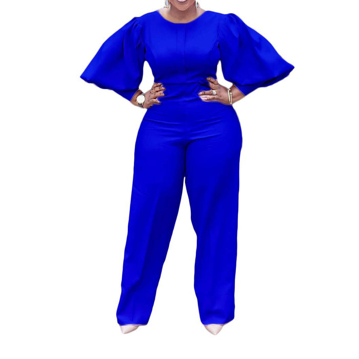 Autumn Winter Office High Waist Straight Solid Color African Jumpsuit Mom Wear Plus Size