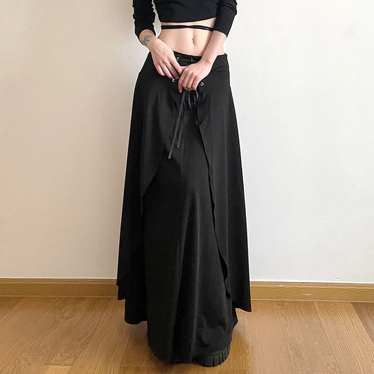 Dark Street Cool Eyelet Lace up Waist Controlled Asymmetric Skirt Double Layer Stitching Cover Slimming Sexy Midi Dress