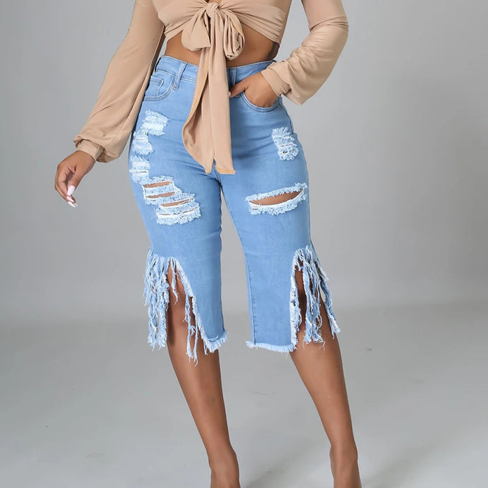 Ripped Stretch Tasseled Jeans Women Middle Pants