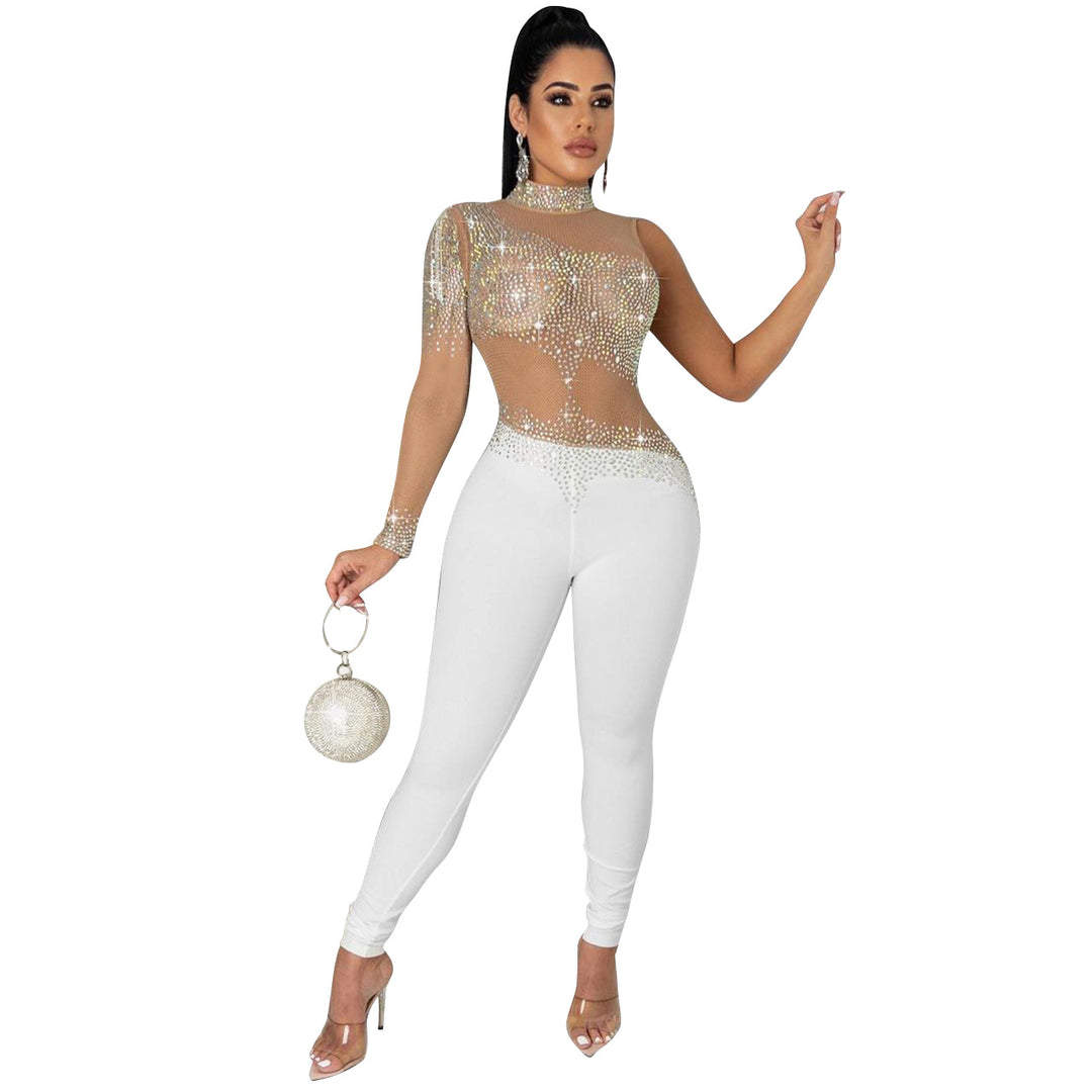 Women Clothing  Autumn Winter Sexy One Shoulder Colorful Crystals See through Rhinestone Jumpsuit