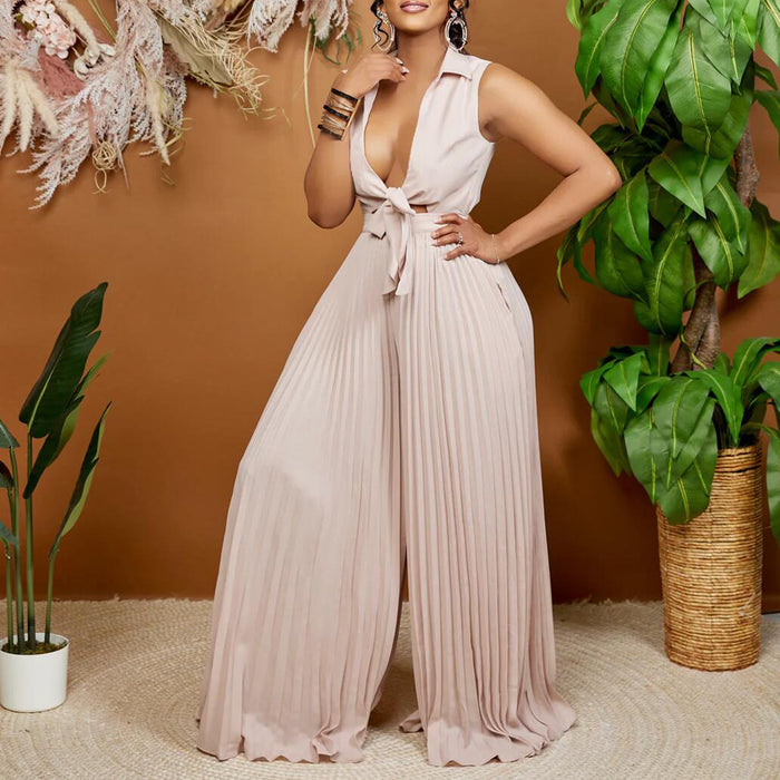 Women Clothing Summer V Neck Long Sleeve Collared Loose Pleated Wide Leg Jumpsuit