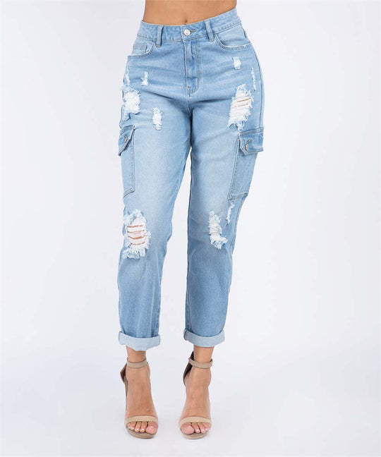 Multi Bag Jeans Women Casual Washed Ripped Straight Pants High Waist Jeans