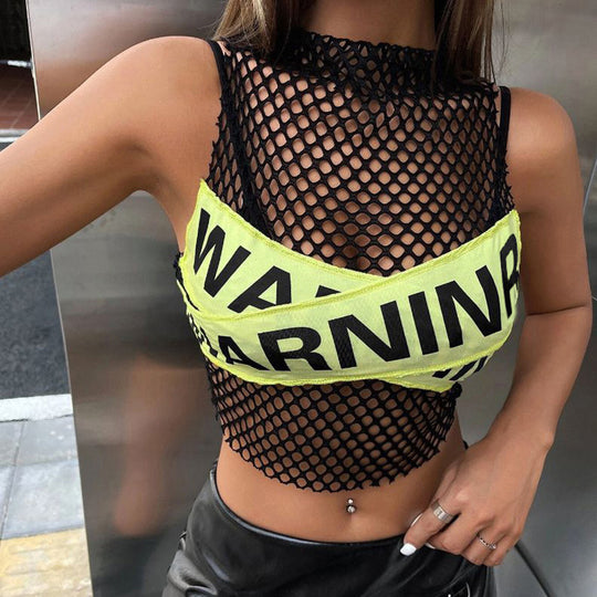 Sexy Mesh Ripped Hollow Out Cutout-out Vest Short Summer Letters Printed Sexy Short Slim Top Women