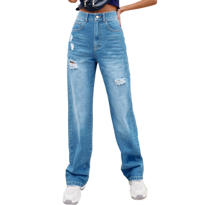 Women Clothing Loose High Waist Mopping Ripped Denim Trousers