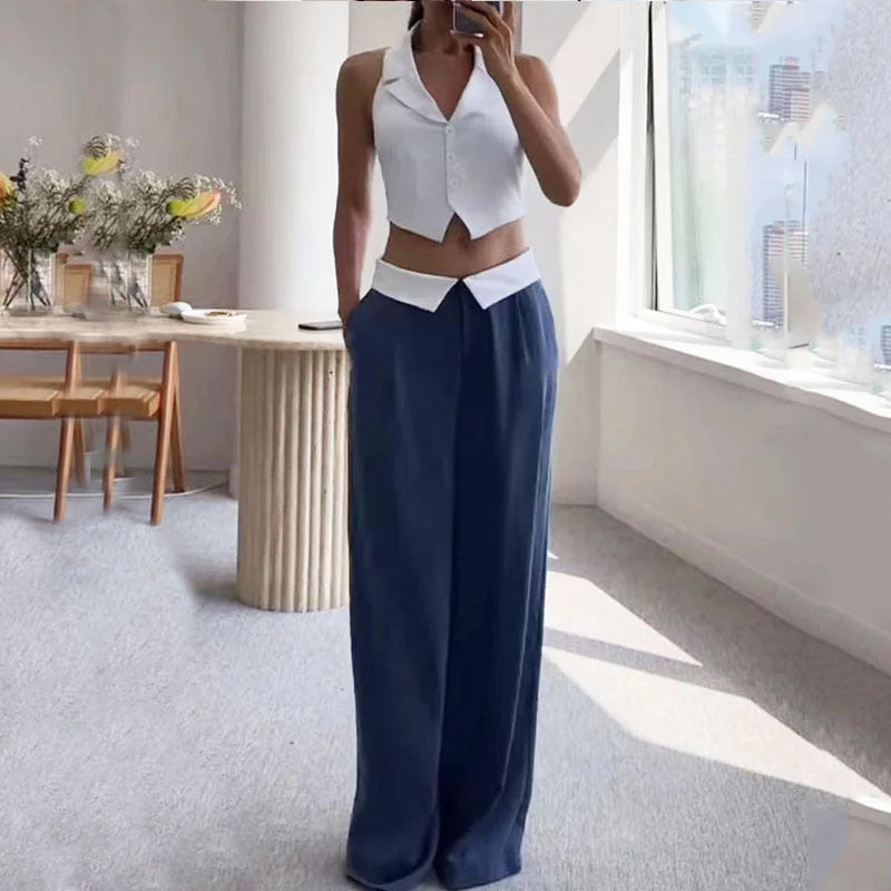 Casual Polo Collar Sleeveless Loose Solid Color Trousers Two Piece Set