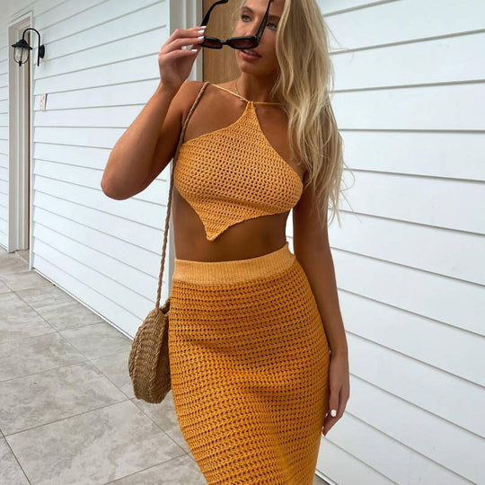 Apron Halter Knitted Sling Beach Top Short Cropped Backless Lace up Vest Half Length Dress for Women