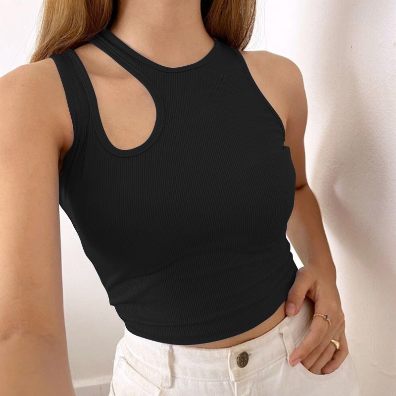 Summer Women Ribbed Bare Cropped Slim Fit Top Hollow Out Cutout Design Sleeveless round Neck Vest