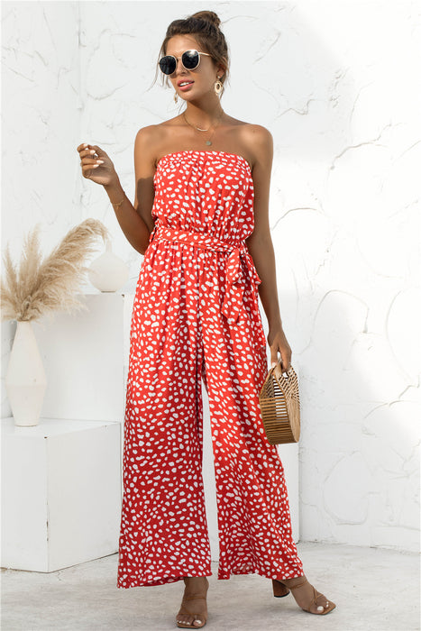 Summer Sexy Tube Top Heart-Shaped Dot Print Lace-up Wide-Leg Jumpsuit