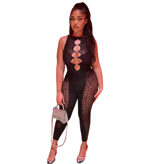 Summer Women Clothing Sexy Mesh See-through Hollow Out Cutout High Waist Trousers Sleeveless Tight Jumpsuit