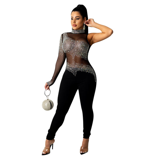 Women Clothing  Autumn Winter Sexy One Shoulder Colorful Crystals See through Rhinestone Jumpsuit