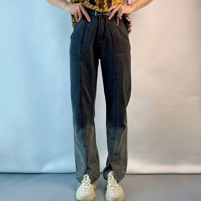 Straight through Split Gradient Jeans Classic Retro High Waisted Trousers