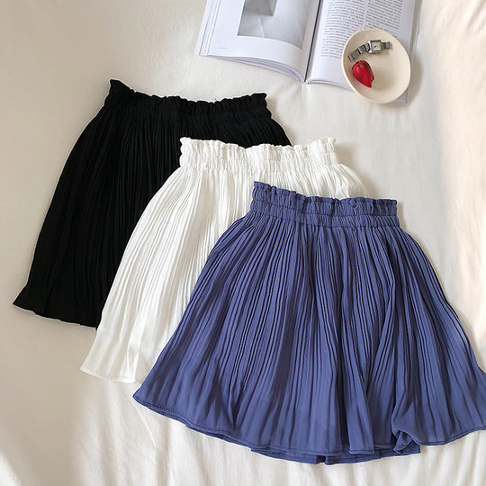 Fresh Solid Color Chiffon Skirt Spring Summer New Korean High Waist Slimming Pleated Anti Exposure Skirt