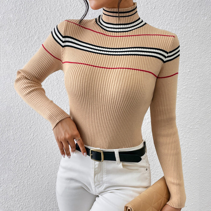 Autumn Winter Knitwear Half Turtleneck High-Grade Solid Color Striped Pullover Wool