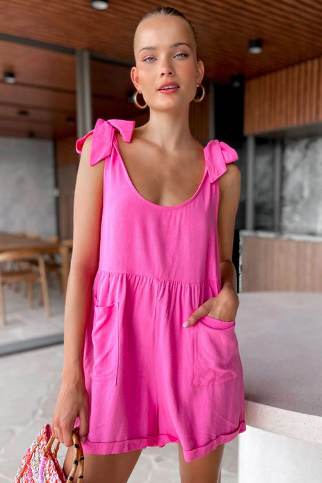 Summer Casual Solid Color Bamboo Round Neck Sleeveless Bow Loose Waist Romper