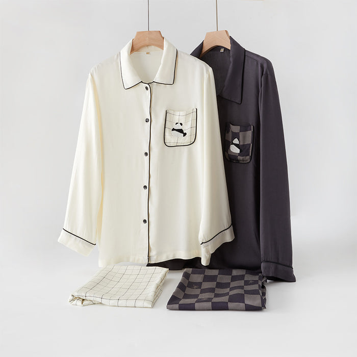 Autumn Couple Pajamas Rayon Satin Long Sleeve Cartoon Embroidered Panda Plaid Trousers Home Wear