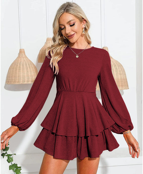 Fall Women Clothing Solid Color Sexy Backless Lantern Long Sleeve  Ruffled Culottes Romper