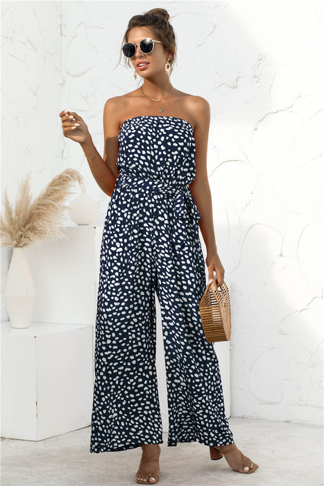 Summer Sexy Tube Top Heart-Shaped Dot Print Lace-up Wide-Leg Jumpsuit
