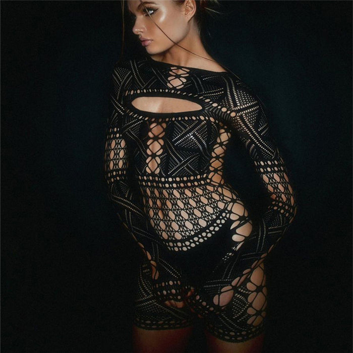 Summer Women Clothing Sexy Cutout Lace See through High Waist Tight Knitted Short Romper Women