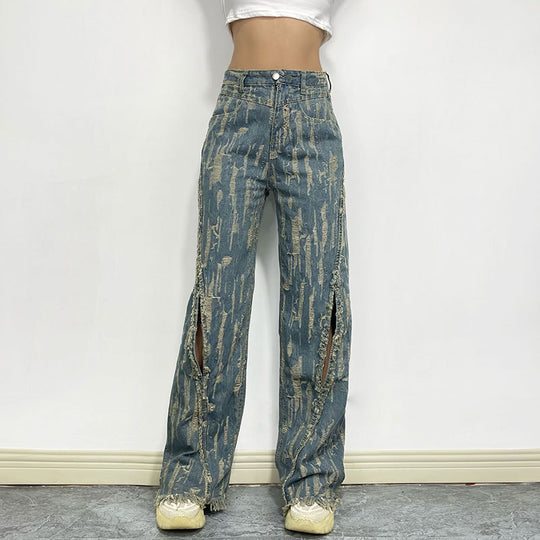 Retro High Street Sexy Tassel Skinny Jeans for Women High Waist Slimming   Burr Straight Trousers