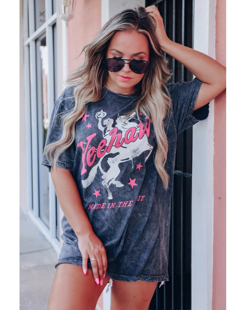 Summer Thin Personalized Solid Color Guitar Vintage Print Pullover Round Neck Mid Length Short Sleeve Women