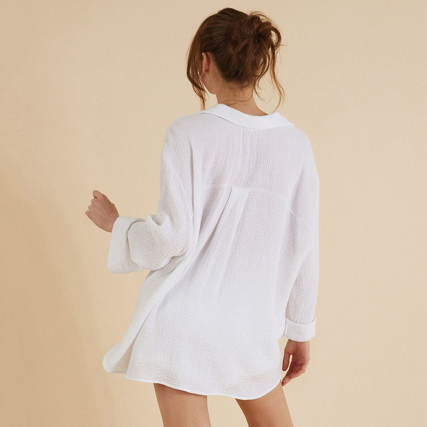 Autumn French Simplicity Natural Comfortable Double Layer Gauze Cotton Collared Pajamas Women Homewear