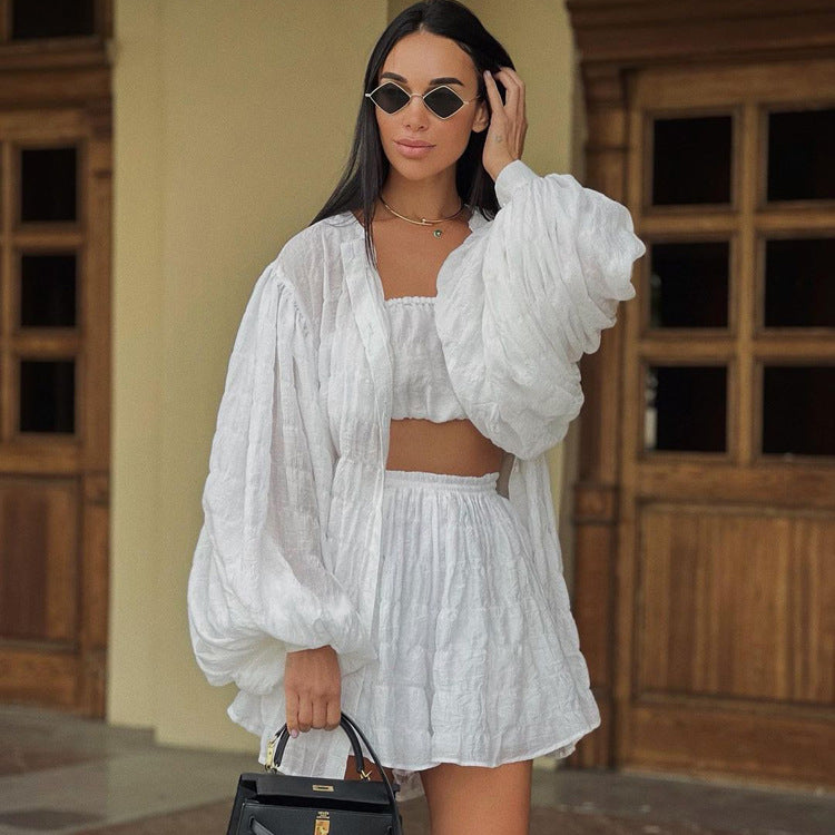 Women Clothing Summer Long Sleeved White Shirt Loose Outfit Tube Top High Waist Shorts Three Piece Set