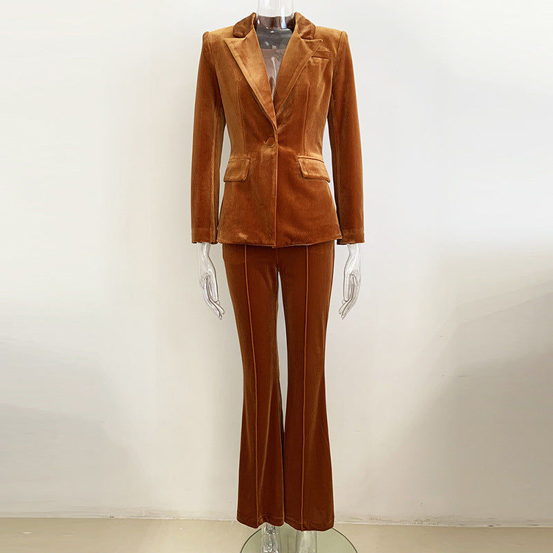 Autumn Winter Women  Business One Button Pleuche Blazer Bell-Bottom Pants Suit Two-Piece Set