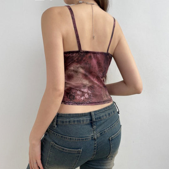 Retro Printed Slim Fit Mesh Camisole Top Spring Summer Sexy Sexy Low Cut Backless Underwaist