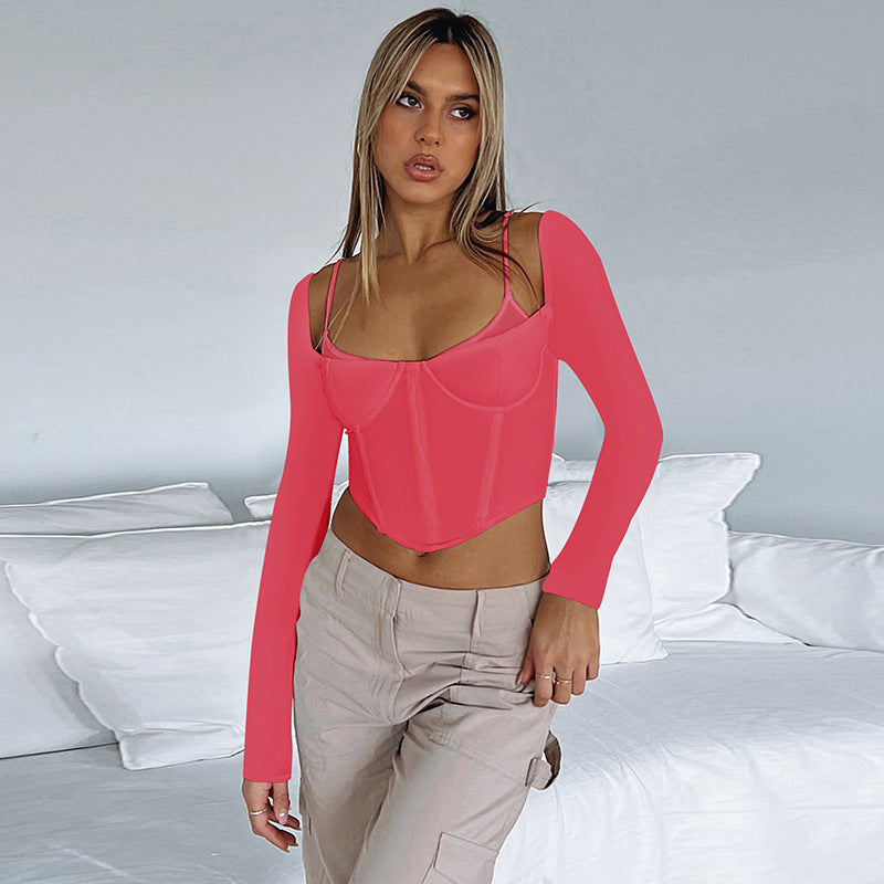 Women Top Autumn Arrival Faux Two Piece Waist Long Sleeve Slim Strap Bottoming T shirt