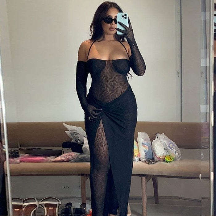 Women Clothing Autumn Sexy Tube Top Lace up See through Jumpsuit Slim Fit Slit Skirt Set