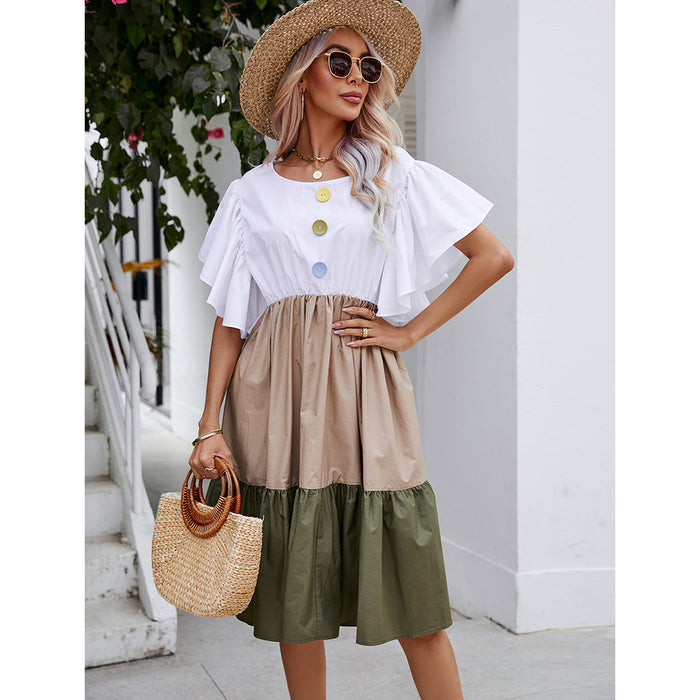 Women Clothing Stitching Contrasting Color Dress Summer Butterfly Sleeve Loose Dress