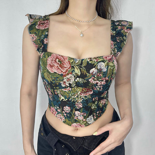 Sexy Retro Embroidered Strap Vest Summer Niche Chic Floral Short Slim Top