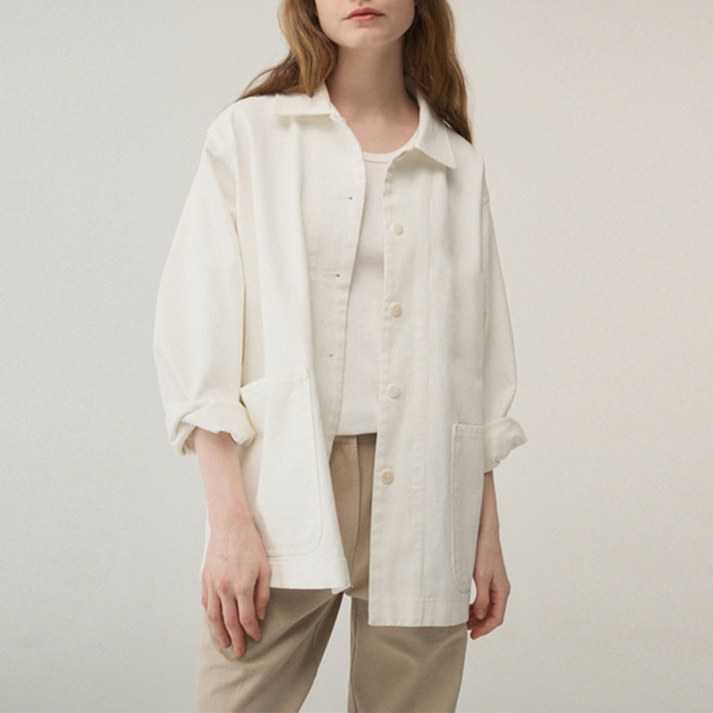 Shirt Twill Turn down Collar Coat Simple Mid Length Cotton Niche Casual Artistic Long Sleeve Shirt Women Clothing