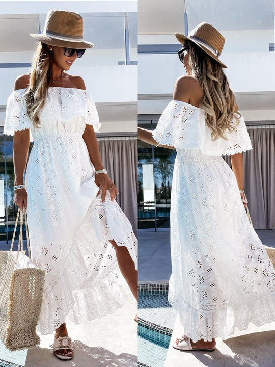 Bohemian Lace Dress White Beach Dress Tube Top off-Shoulder Sexy Dress for Women Eyelet Embroidery