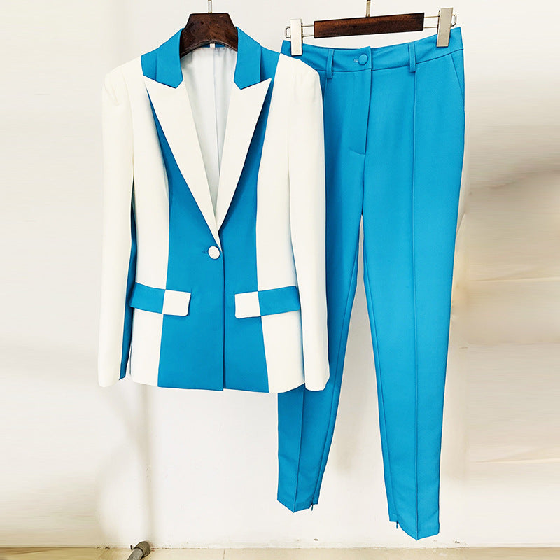 Star Color Contrast Color Matching One Button Suit Skinny Pants Suit Two Piece Set
