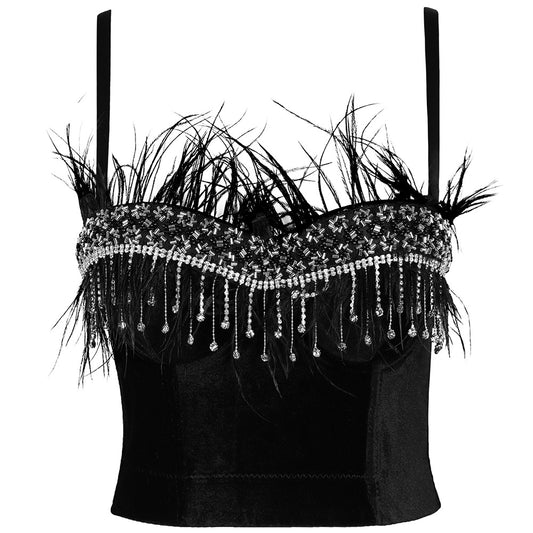 Latin Dance Wrapped Chest Light Diamond Women Adult Performance Costume Stage Bra Sexy Feather Camisole