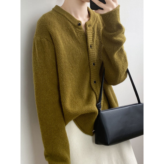 Lazy round Neck Knitted Sweater for Women Autumn Minimalist Long Sleeve Loose Cardigan Coat