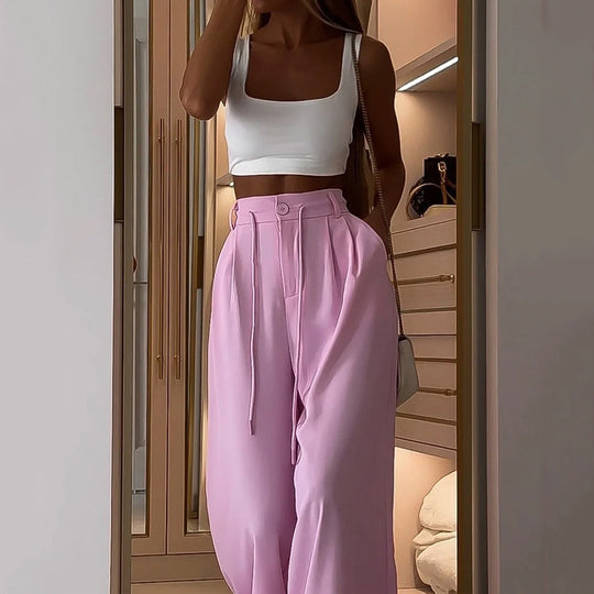 Ladies Suit Summer Casual Solid Color Trousers Two Piece Set
