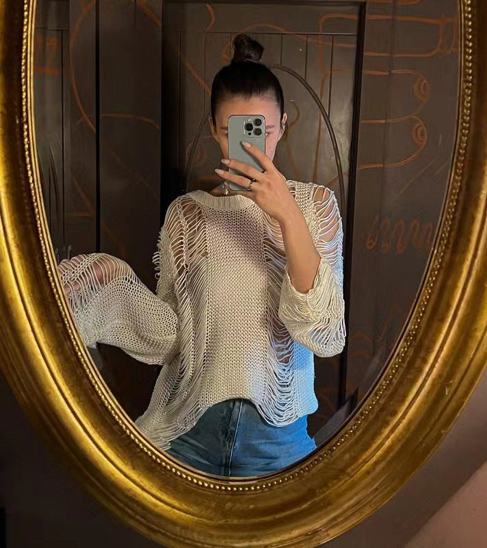 Spring Summer Popular Long Sleeve Hollow Out Cutout Round Neck Loose Sexy Sweater