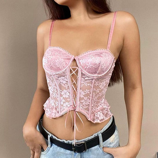 Spring Women Clothing Chest Lace Up Cutout Sexy Irregular Asymmetric Hem See Through Camisole