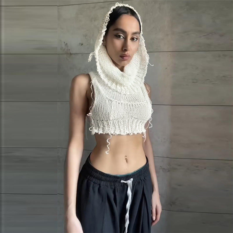 Autumn Women Clothing Hooded Sleeveless Cropped Knitted Solid Color Inner Wear Sweater