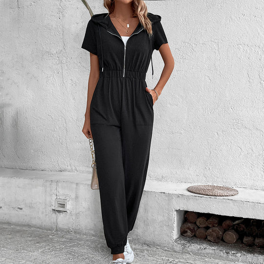 Summer Women Clothing Hooded Work Clothes Solid Color Jumpsuit