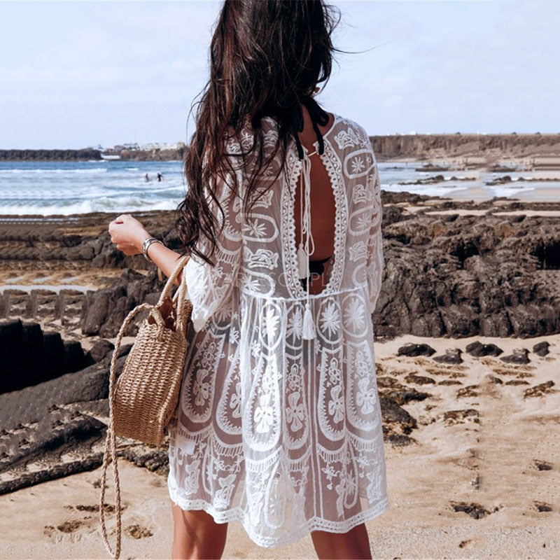 Lace Embroidered Beach Cover-up Seaside Sun Protection Clothing Sexy Halter Bikini Swimsuit Blouse