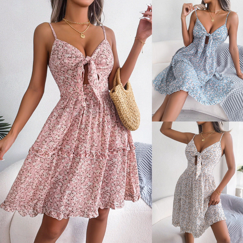 Spring Summer Floral Bow V-neck Ruffled Large Swing Dress Holiday Cami Dress Women Clothing