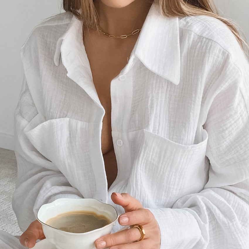 Autumn Double Layer Crepe Collared French Loose Comfortable Long Sleeve Pajamas Women Homewear Suit
