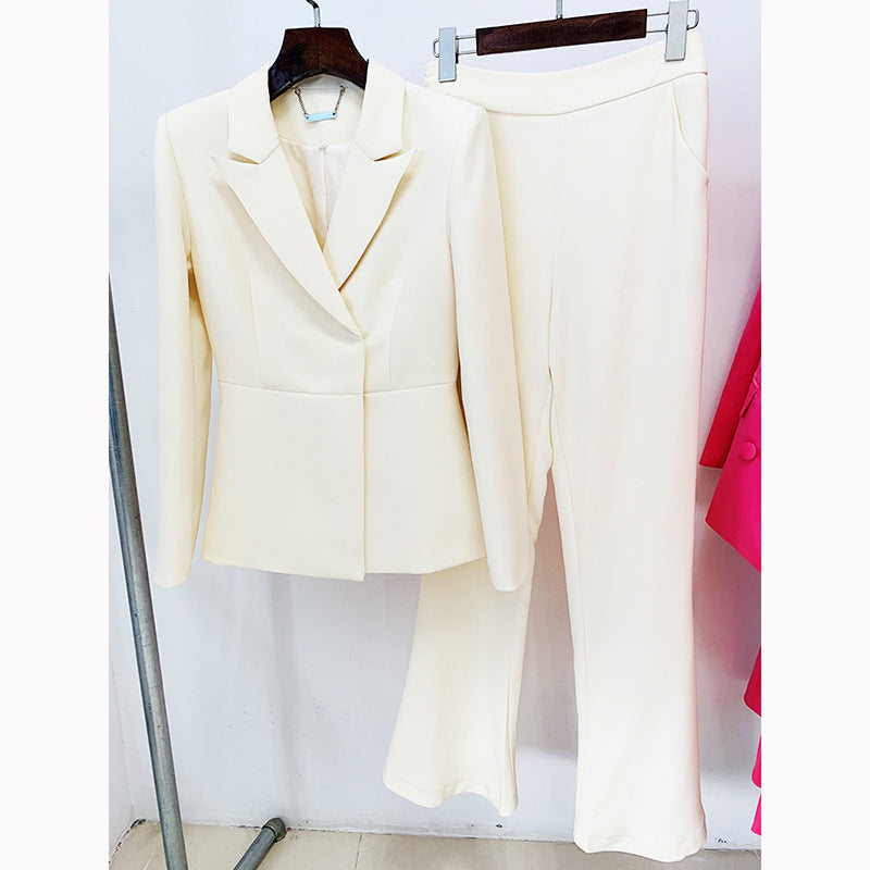 Goods Star Simple Cream Color Hidden Hook Waist Tight Suit Bell Bottom Pants Suit Two Piece Suit