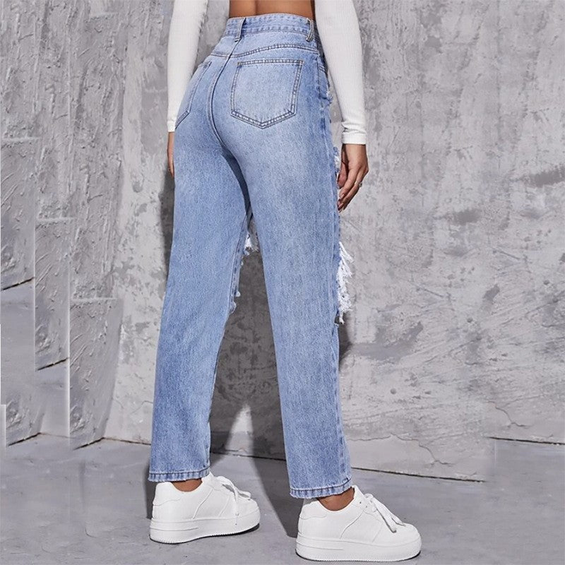 Ripped Jeans Women Washed High Waist Straight Jeans