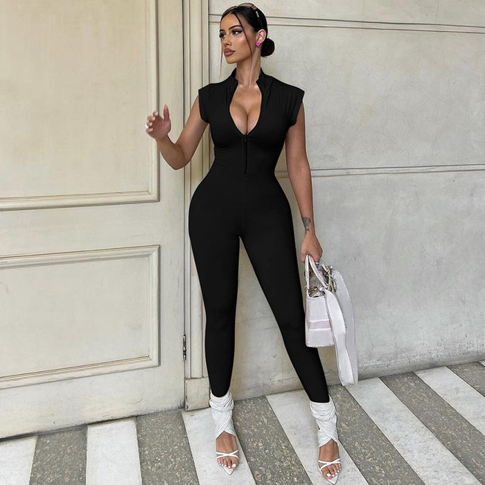 Women Clothing Summer Sexy Chest Zipper Tight Fitting Solid Color Jumpsuit Women